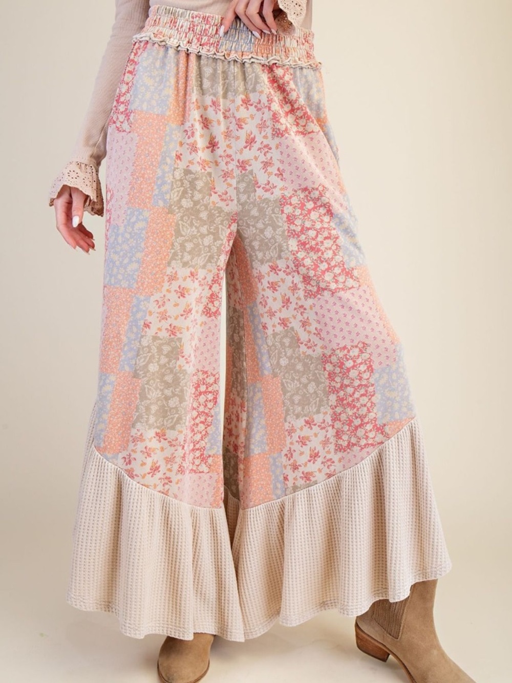 “The Bristol” Bohemian Patchwork Wide Leg Pants in Beige Multi